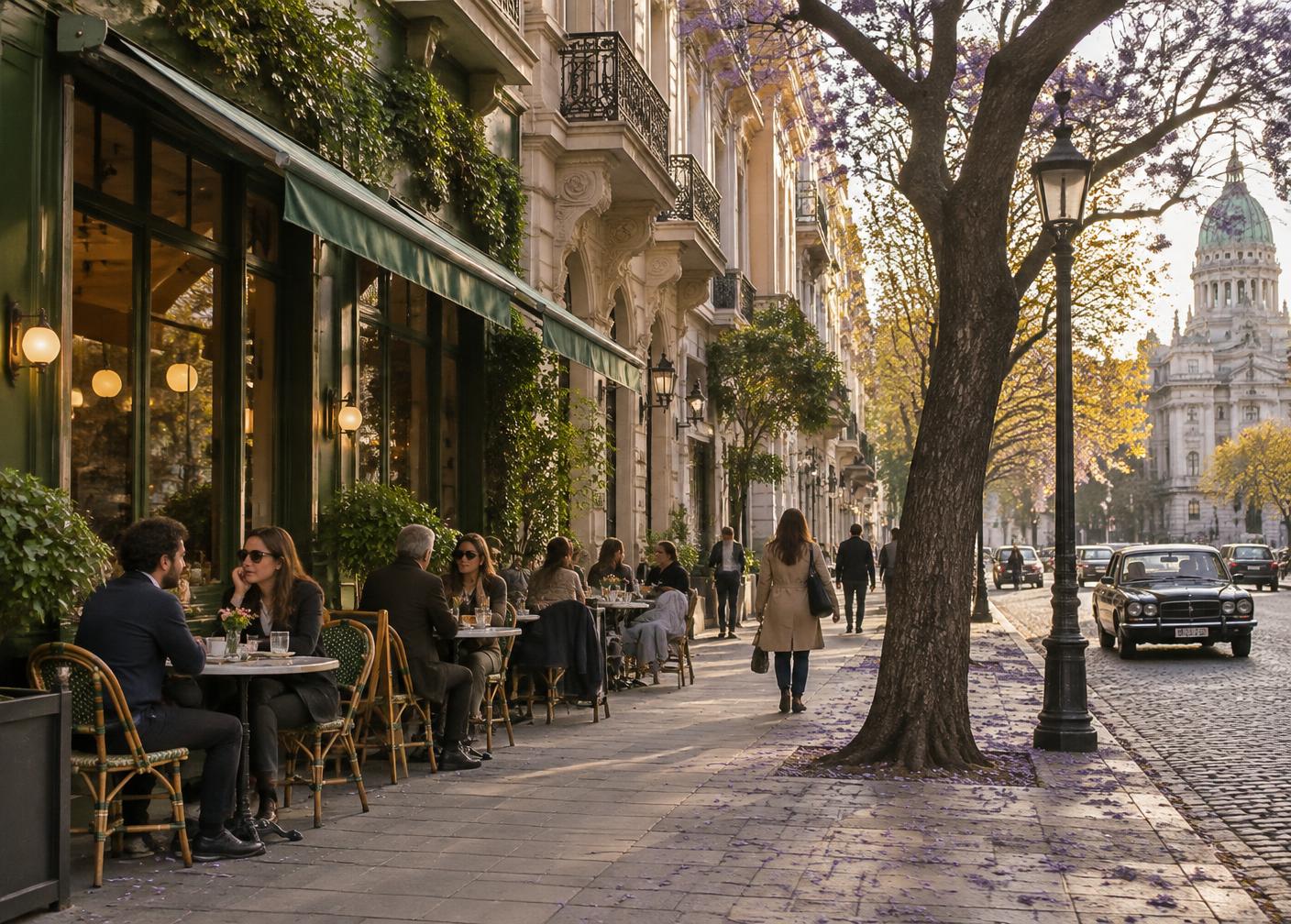 A cafe-lined street in Buenos Aires in autumn